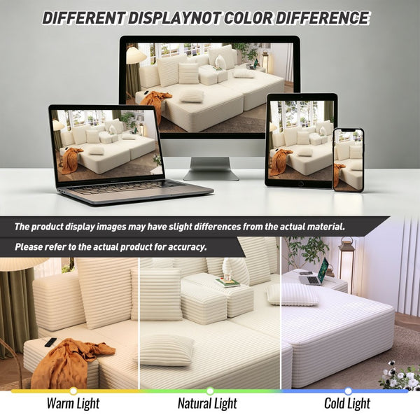 English Elm Oversized Plush Corduroy Convertible Chaise Lounge Sleeper with Storage Pocket Pillows Beige/White W3219S00019