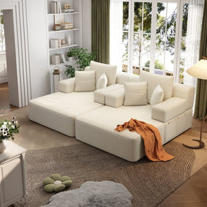 English Elm Oversized Plush Corduroy Convertible Chaise Lounge Sleeper with Storage Pocket Pillows Beige/White W3219S00019