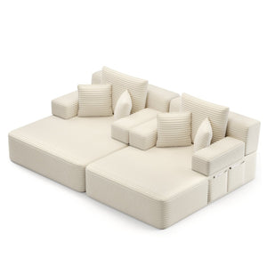 English Elm Oversized Plush Corduroy Convertible Chaise Lounge Sleeper with Storage Pocket Pillows Beige/White W3219S00019