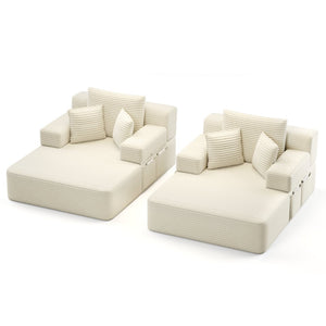 English Elm Oversized Plush Corduroy Convertible Chaise Lounge Sleeper with Storage Pocket Pillows Beige/White W3219S00019