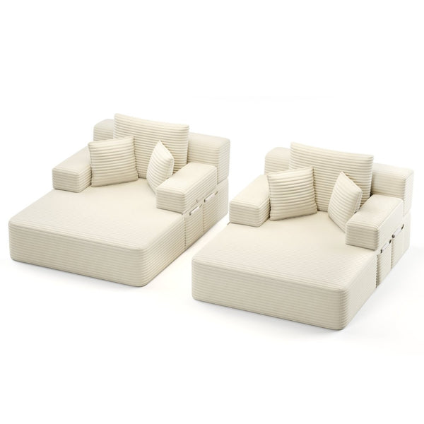 English Elm Oversized Plush Corduroy Convertible Chaise Lounge Sleeper with Storage Pocket Pillows Beige/White W3219S00019