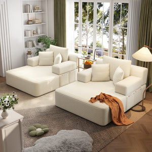 English Elm Oversized Plush Corduroy Convertible Chaise Lounge Sleeper with Storage Pocket Pillows Beige/White W3219S00019