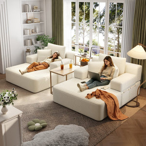 English Elm Oversized Plush Corduroy Convertible Chaise Lounge Sleeper with Storage Pocket Pillows Beige/White W3219S00019