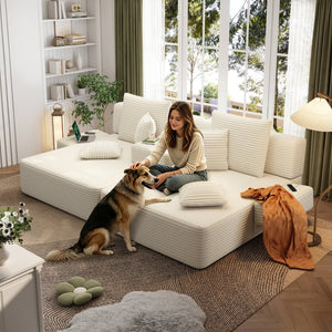 English Elm Oversized Plush Corduroy Convertible Chaise Lounge Sleeper with Storage Pocket Pillows Beige/White W3219S00019