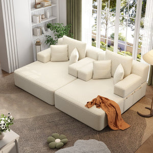 English Elm Oversized Plush Corduroy Convertible Chaise Lounge Sleeper with Storage Pocket Pillows Beige/White W3219S00019