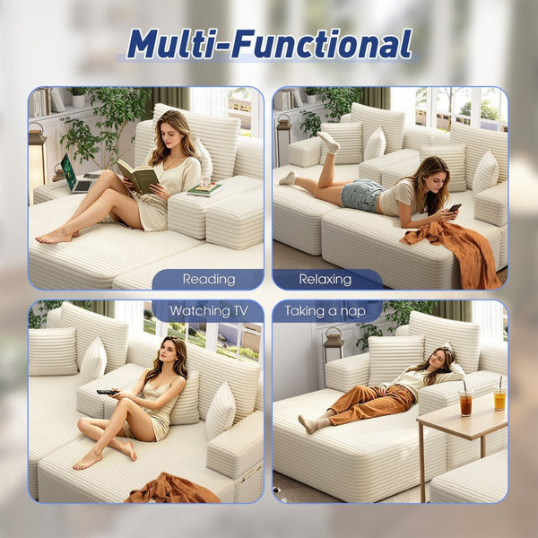English Elm Oversized Plush Corduroy Convertible Chaise Lounge Sleeper with Storage Pocket Pillows Beige/White W3219S00019