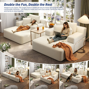 English Elm Oversized Plush Corduroy Convertible Chaise Lounge Sleeper with Storage Pocket Pillows Beige/White W3219S00019