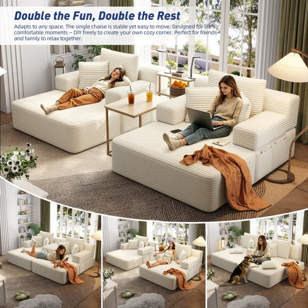 English Elm Oversized Plush Corduroy Convertible Chaise Lounge Sleeper with Storage Pocket Pillows Beige/White W3219S00019