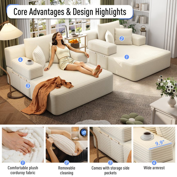 English Elm Oversized Plush Corduroy Convertible Chaise Lounge Sleeper with Storage Pocket Pillows Beige/White W3219S00019