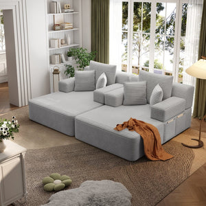 English Elm Oversized Plush Corduroy Convertible Chaise Lounge Sleeper with Storage Pocket Pillows Light Grey W3219S00020