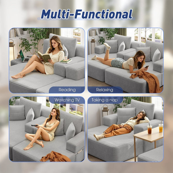 English Elm Oversized Plush Corduroy Convertible Chaise Lounge Sleeper with Storage Pocket Pillows Light Grey W3219S00020