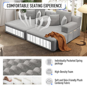 English Elm Oversized Plush Corduroy Convertible Chaise Lounge Sleeper with Storage Pocket Pillows Light Grey W3219S00020