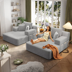 English Elm Oversized Plush Corduroy Convertible Chaise Lounge Sleeper with Storage Pocket Pillows Light Grey W3219S00020
