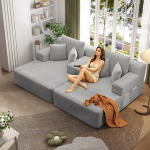 English Elm Oversized Plush Corduroy Convertible Chaise Lounge Sleeper with Storage Pocket Pillows Light Grey W3219S00020