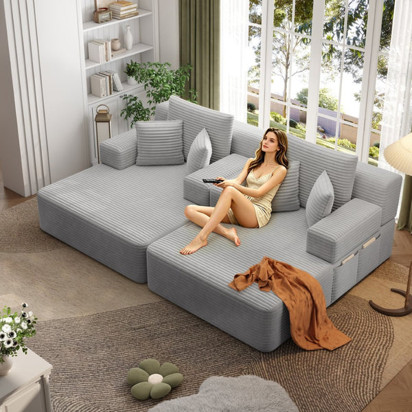 English Elm Oversized Plush Corduroy Convertible Chaise Lounge Sleeper with Storage Pocket Pillows Light Grey W3219S00020