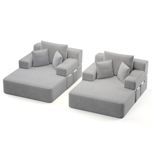 English Elm Oversized Plush Corduroy Convertible Chaise Lounge Sleeper with Storage Pocket Pillows Light Grey W3219S00020