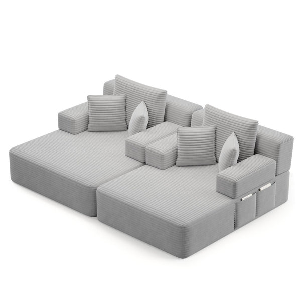 English Elm Oversized Plush Corduroy Convertible Chaise Lounge Sleeper with Storage Pocket Pillows Light Grey W3219S00020