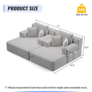 English Elm Oversized Plush Corduroy Convertible Chaise Lounge Sleeper with Storage Pocket Pillows Light Grey W3219S00020