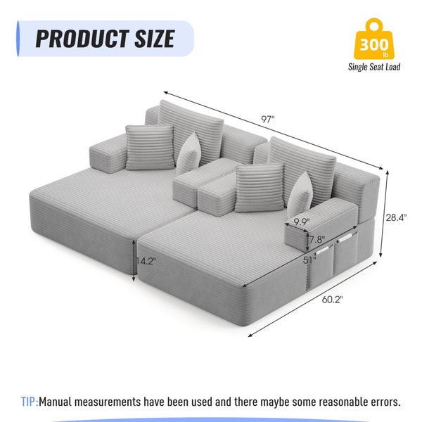 English Elm Oversized Plush Corduroy Convertible Chaise Lounge Sleeper with Storage Pocket Pillows Light Grey W3219S00020