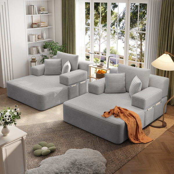 English Elm Oversized Plush Corduroy Convertible Chaise Lounge Sleeper with Storage Pocket Pillows Light Grey W3219S00020