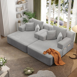 English Elm Oversized Plush Corduroy Convertible Chaise Lounge Sleeper with Storage Pocket Pillows Light Grey W3219S00020