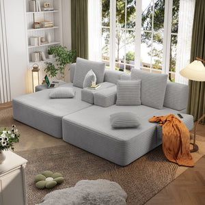 English Elm Oversized Plush Corduroy Convertible Chaise Lounge Sleeper with Storage Pocket Pillows Light Grey W3219S00020
