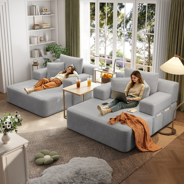 English Elm Oversized Plush Corduroy Convertible Chaise Lounge Sleeper with Storage Pocket Pillows Light Grey W3219S00020