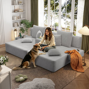 English Elm Oversized Plush Corduroy Convertible Chaise Lounge Sleeper with Storage Pocket Pillows Light Grey W3219S00020