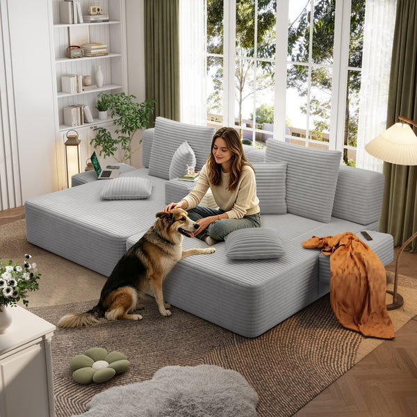 English Elm Oversized Plush Corduroy Convertible Chaise Lounge Sleeper with Storage Pocket Pillows Light Grey W3219S00020