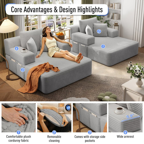 English Elm Oversized Plush Corduroy Convertible Chaise Lounge Sleeper with Storage Pocket Pillows Light Grey W3219S00020