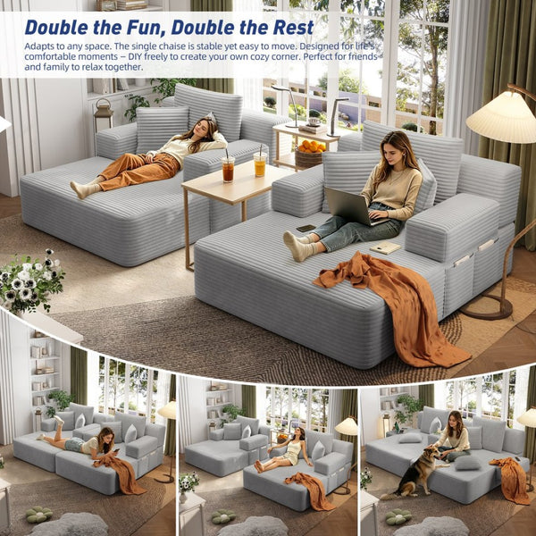 English Elm Oversized Plush Corduroy Convertible Chaise Lounge Sleeper with Storage Pocket Pillows Light Grey W3219S00020