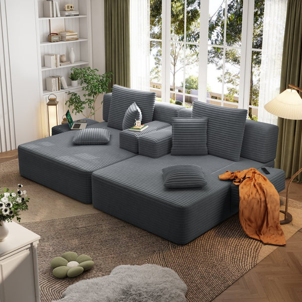 English Elm Oversized Plush Corduroy Convertible Chaise Lounge Sleeper with Storage Pocket Pillows Dark Grey W3219S00021