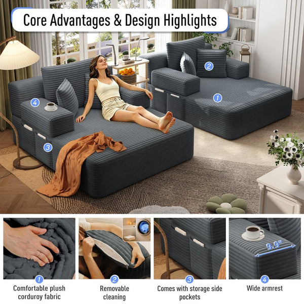 English Elm Oversized Plush Corduroy Convertible Chaise Lounge Sleeper with Storage Pocket Pillows Dark Grey W3219S00021
