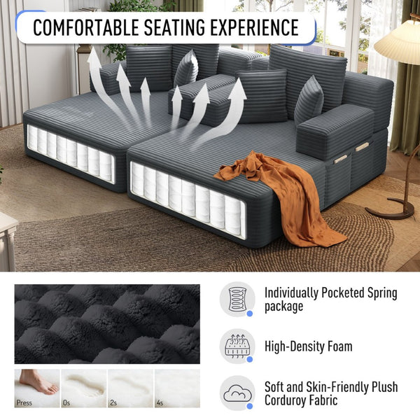 English Elm Oversized Plush Corduroy Convertible Chaise Lounge Sleeper with Storage Pocket Pillows Dark Grey W3219S00021