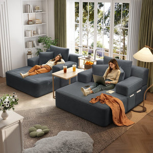 English Elm Oversized Plush Corduroy Convertible Chaise Lounge Sleeper with Storage Pocket Pillows Dark Grey W3219S00021