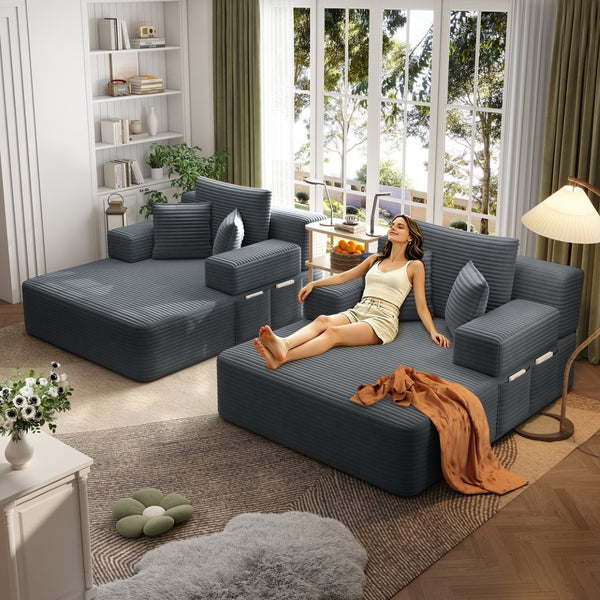 English Elm Oversized Plush Corduroy Convertible Chaise Lounge Sleeper with Storage Pocket Pillows Dark Grey W3219S00021