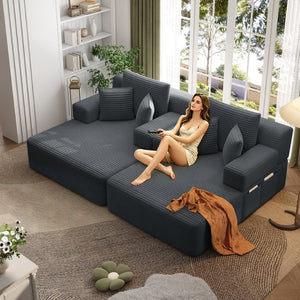 English Elm Oversized Plush Corduroy Convertible Chaise Lounge Sleeper with Storage Pocket Pillows Dark Grey W3219S00021