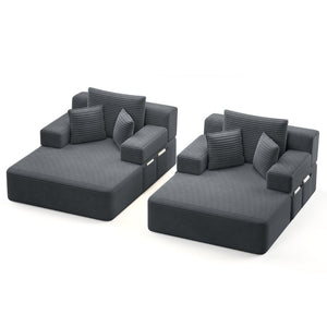 English Elm Oversized Plush Corduroy Convertible Chaise Lounge Sleeper with Storage Pocket Pillows Dark Grey W3219S00021