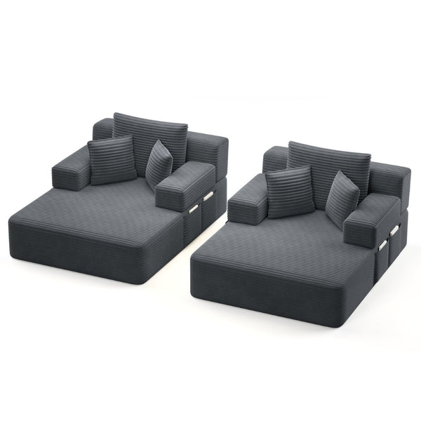 English Elm Oversized Plush Corduroy Convertible Chaise Lounge Sleeper with Storage Pocket Pillows Dark Grey W3219S00021