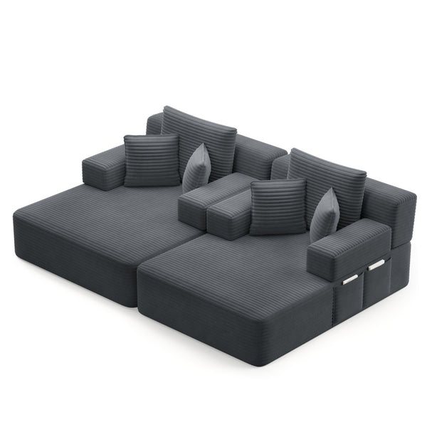 English Elm Oversized Plush Corduroy Convertible Chaise Lounge Sleeper with Storage Pocket Pillows Dark Grey W3219S00021