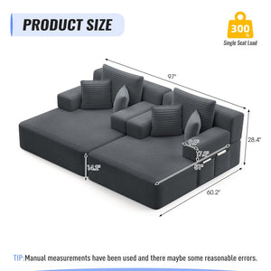 English Elm Oversized Plush Corduroy Convertible Chaise Lounge Sleeper with Storage Pocket Pillows Dark Grey W3219S00021