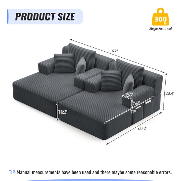 English Elm Oversized Plush Corduroy Convertible Chaise Lounge Sleeper with Storage Pocket Pillows Dark Grey W3219S00021