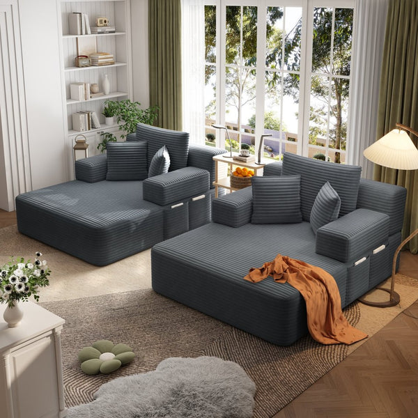 English Elm Oversized Plush Corduroy Convertible Chaise Lounge Sleeper with Storage Pocket Pillows Dark Grey W3219S00021