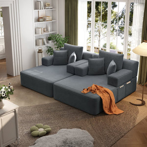 English Elm Oversized Plush Corduroy Convertible Chaise Lounge Sleeper with Storage Pocket Pillows Dark Grey W3219S00021