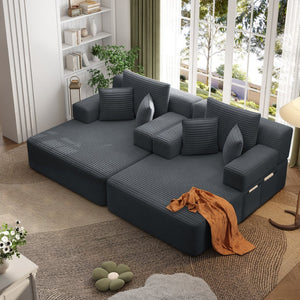 English Elm Oversized Plush Corduroy Convertible Chaise Lounge Sleeper with Storage Pocket Pillows Dark Grey W3219S00021