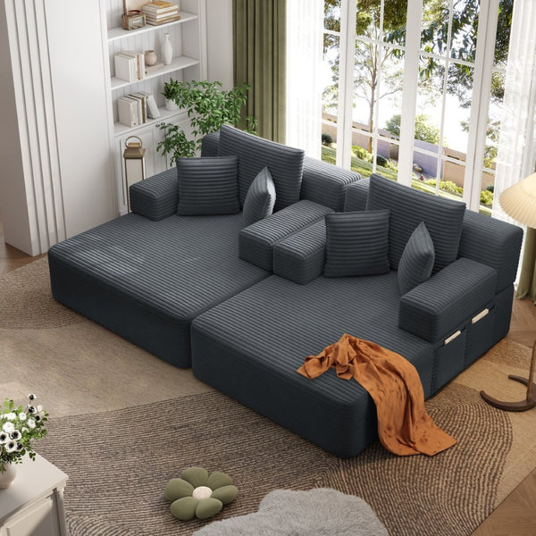 English Elm Oversized Plush Corduroy Convertible Chaise Lounge Sleeper with Storage Pocket Pillows Dark Grey W3219S00021