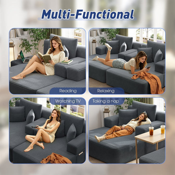 English Elm Oversized Plush Corduroy Convertible Chaise Lounge Sleeper with Storage Pocket Pillows Dark Grey W3219S00021