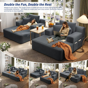 English Elm Oversized Plush Corduroy Convertible Chaise Lounge Sleeper with Storage Pocket Pillows Dark Grey W3219S00021