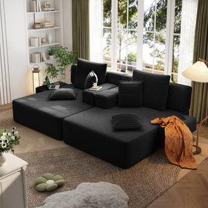 English Elm Oversized Plush Corduroy Convertible Chaise Lounge Sleeper with Storage Pocket Pillows Black W3219S00022