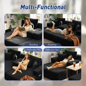 English Elm Oversized Plush Corduroy Convertible Chaise Lounge Sleeper with Storage Pocket Pillows Black W3219S00022